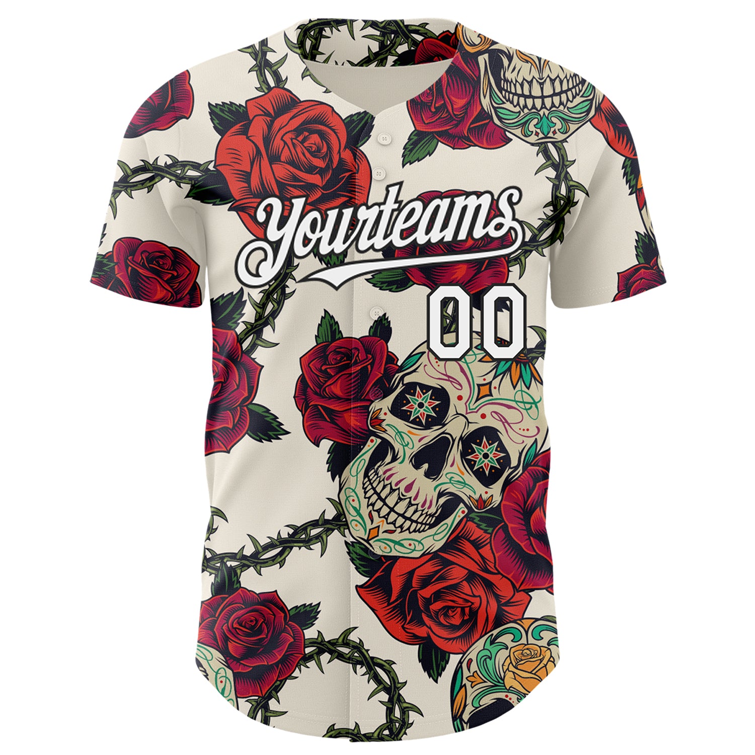 Custom Cream White-Black 3D Mexican Skull And Flower Authentic Baseball Jersey