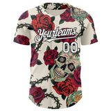 Custom Cream White-Black 3D Mexican Skull And Flower Authentic Baseball Jersey