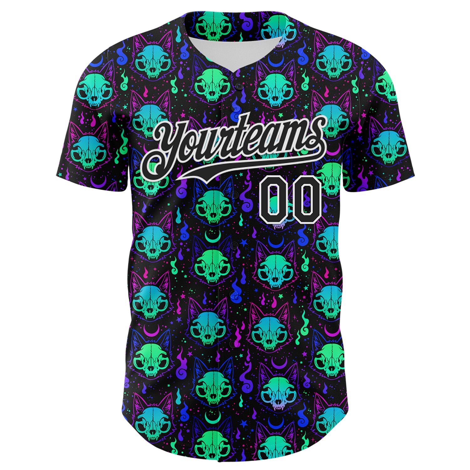 Custom Black White 3D Pattern Design Rave Psychedelic Neon Cat Skull Authentic Baseball Jersey
