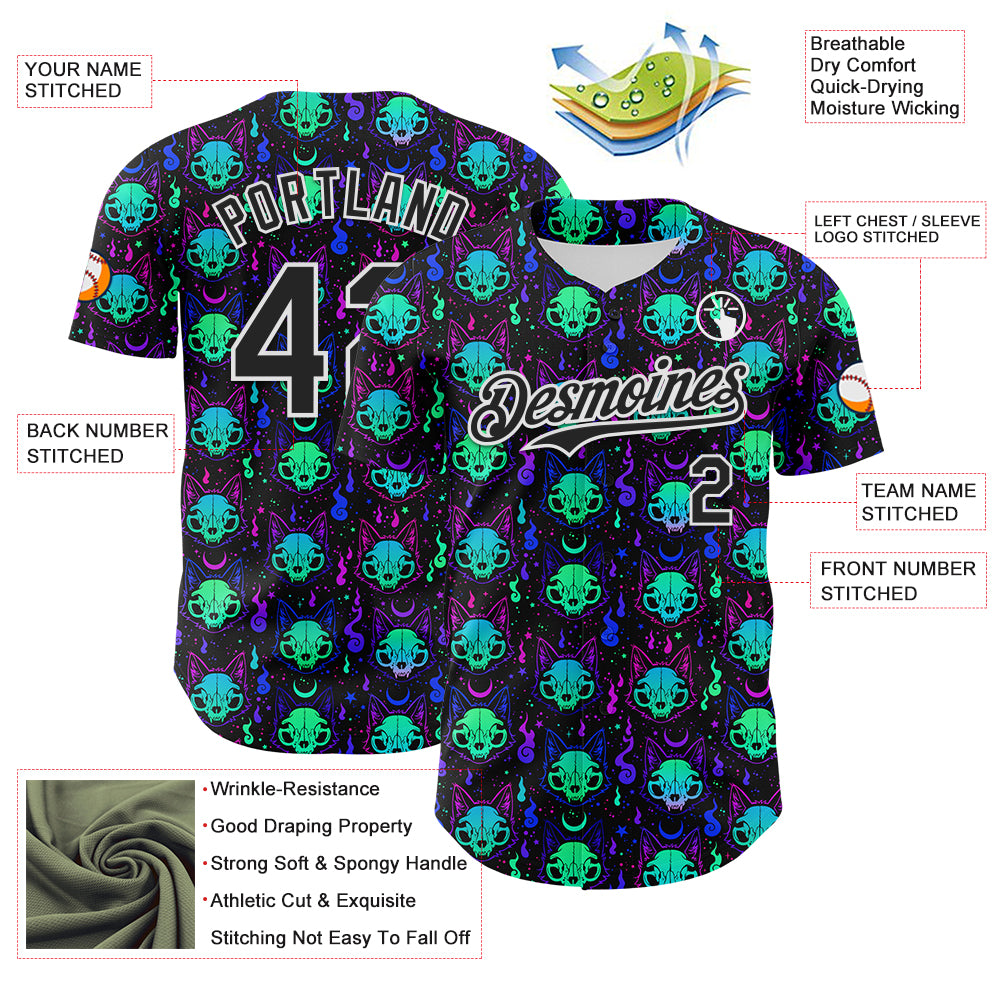 Custom Black White 3D Pattern Design Rave Psychedelic Neon Cat Skull Authentic Baseball Jersey