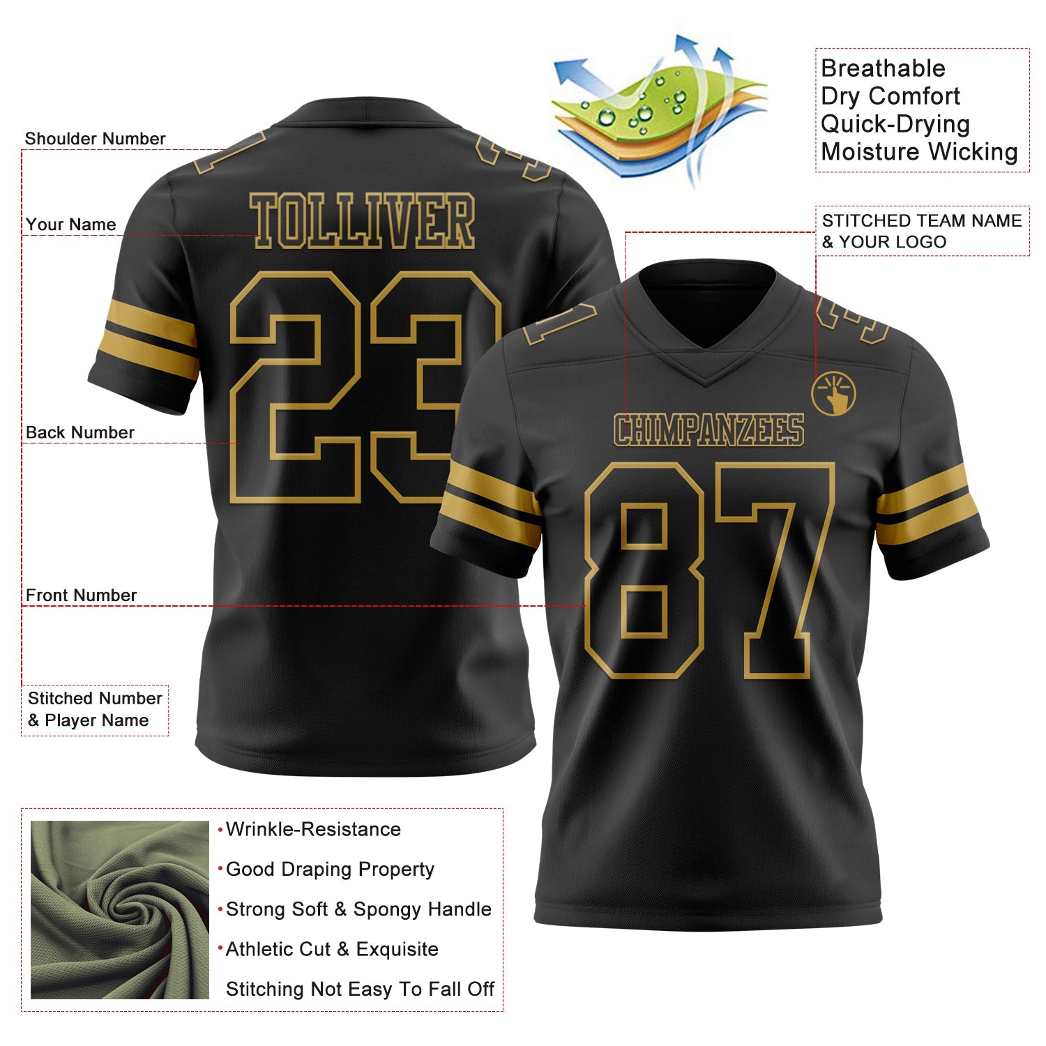 Custom Black Old Gold Mesh Authentic Football Jersey