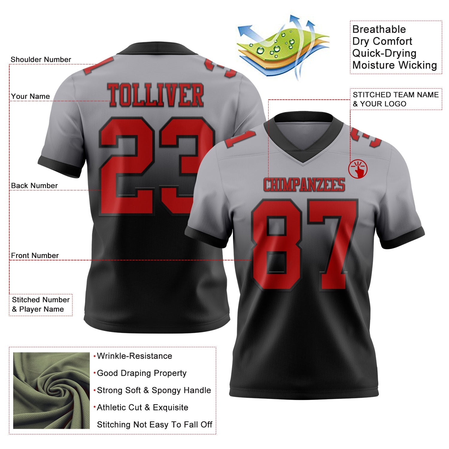 Custom Gray Red-Black Mesh Authentic Fade Fashion Football Jersey