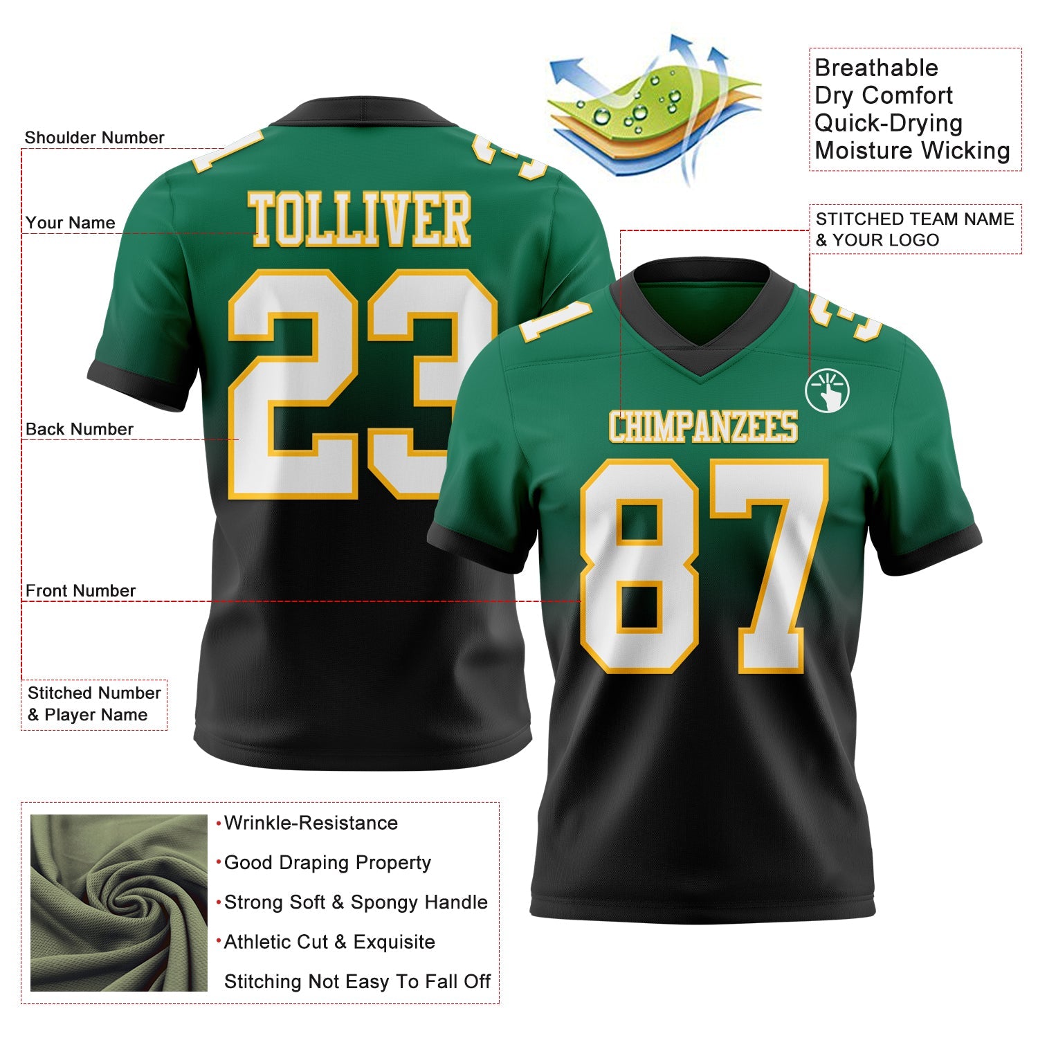 Custom Kelly Green White Black-Gold Mesh Authentic Fade Fashion Football Jersey