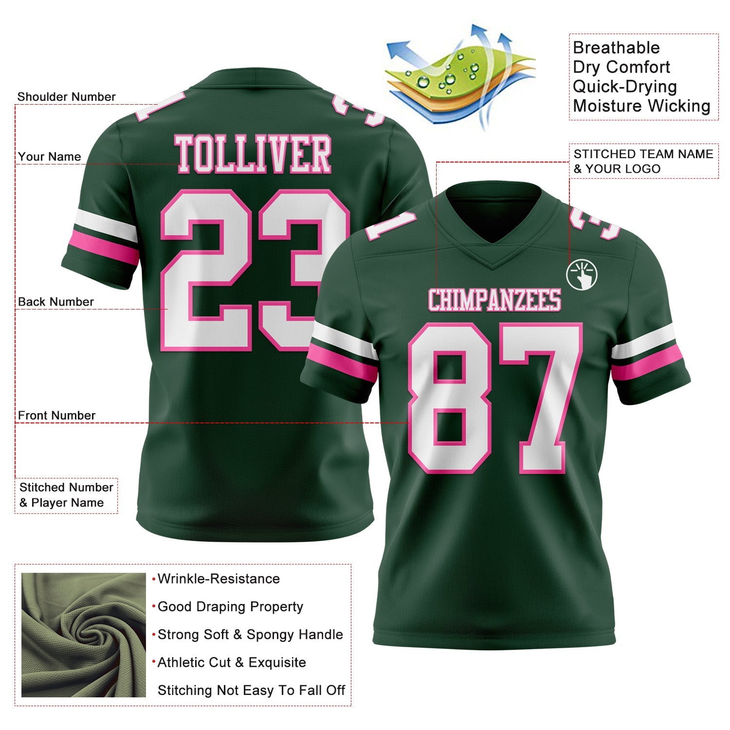 Custom Green White-Pink Mesh Authentic Football Jersey