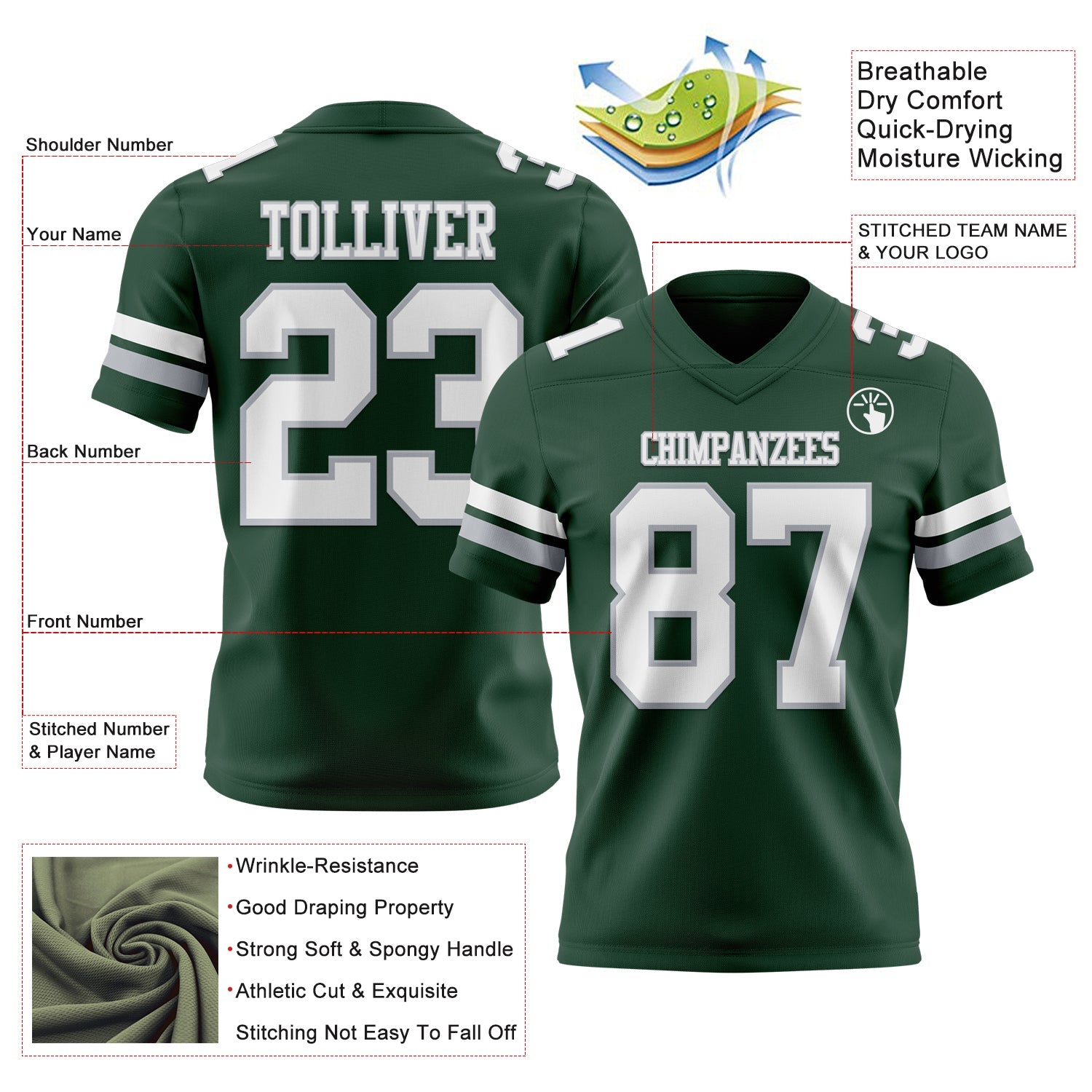 Custom Green White-Gray Mesh Authentic Football Jersey