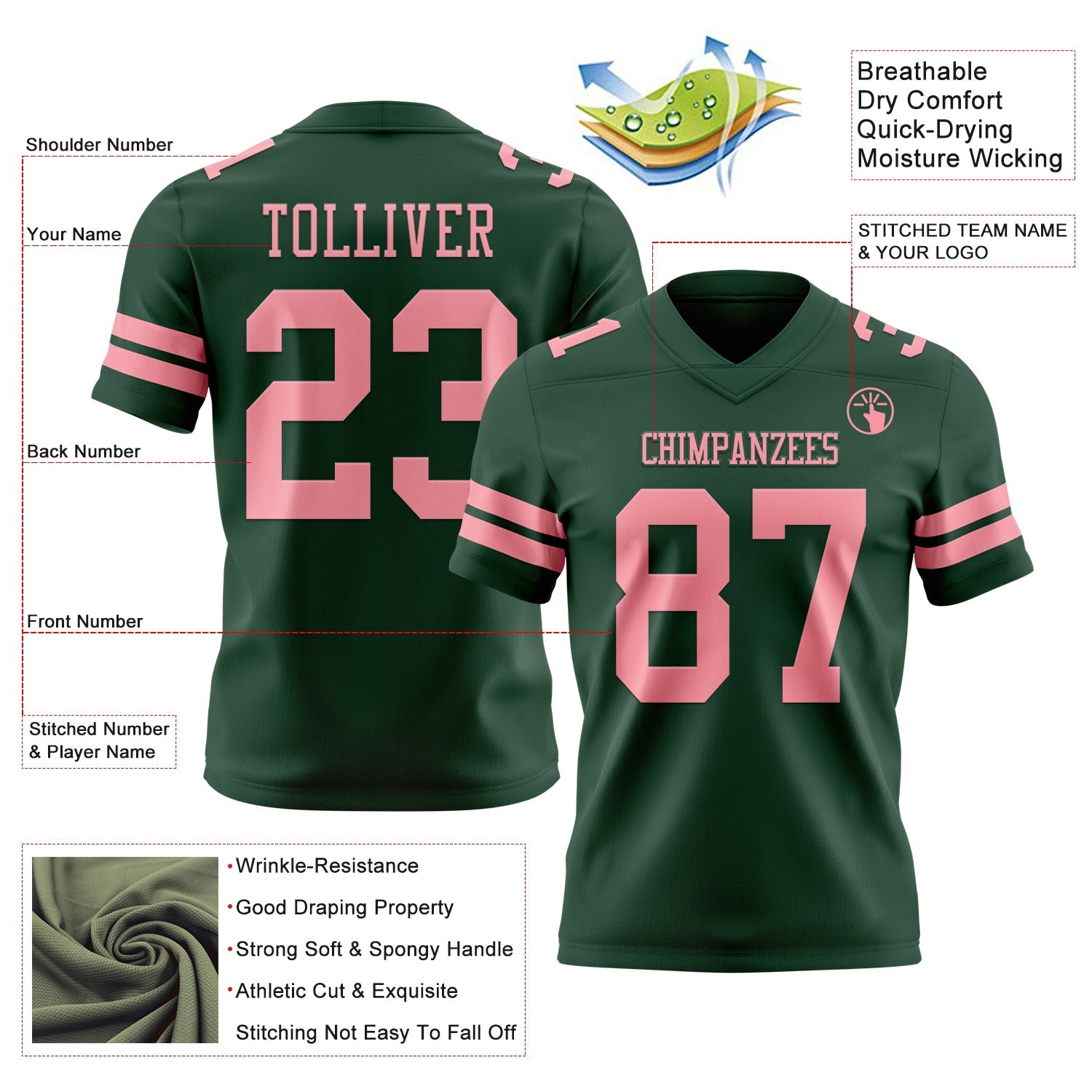 Custom Green Medium Pink Mesh Authentic Football Jersey