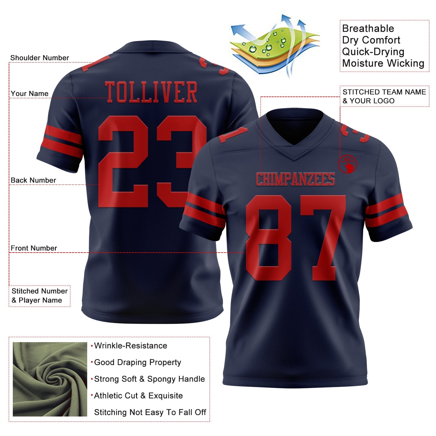 Custom Navy Red Mesh Authentic Football Jersey