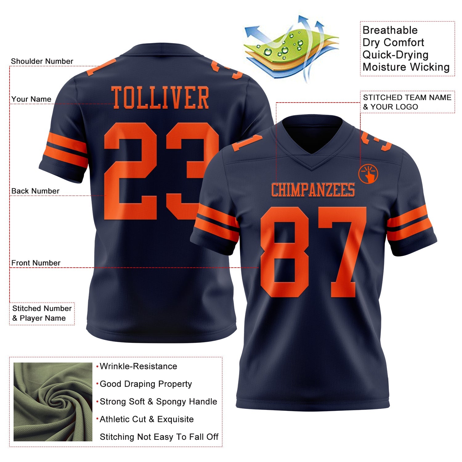 Custom Navy Orange Mesh Authentic Football Jersey