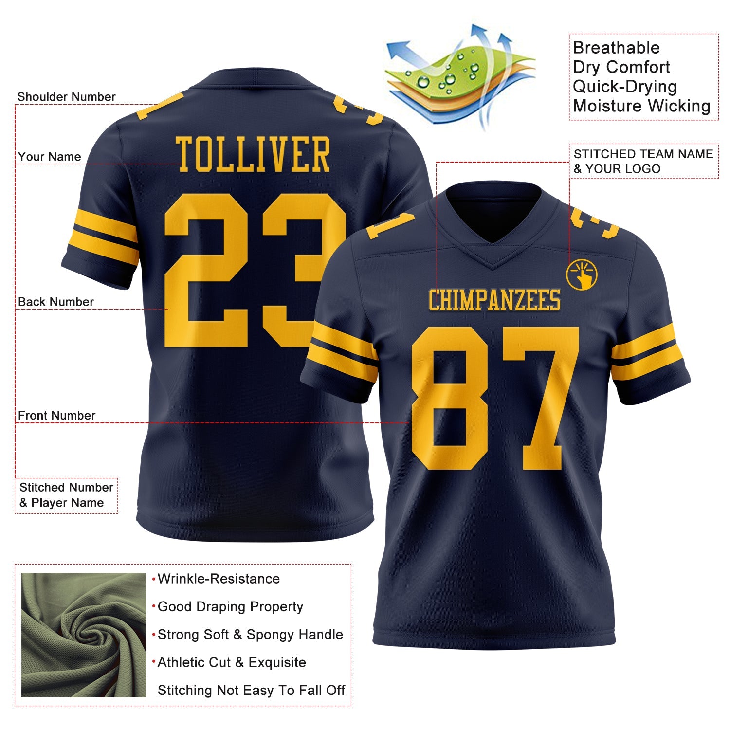 Custom Navy Gold Mesh Authentic Football Jersey