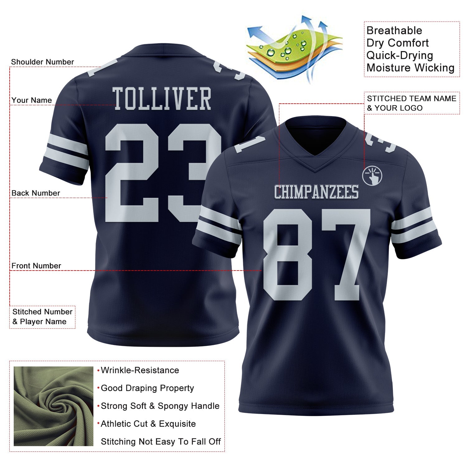 Custom Navy Silver Mesh Authentic Football Jersey