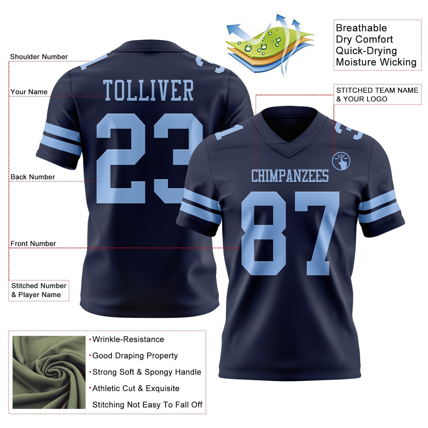 Custom Navy Light Blue Mesh Authentic Football Jersey