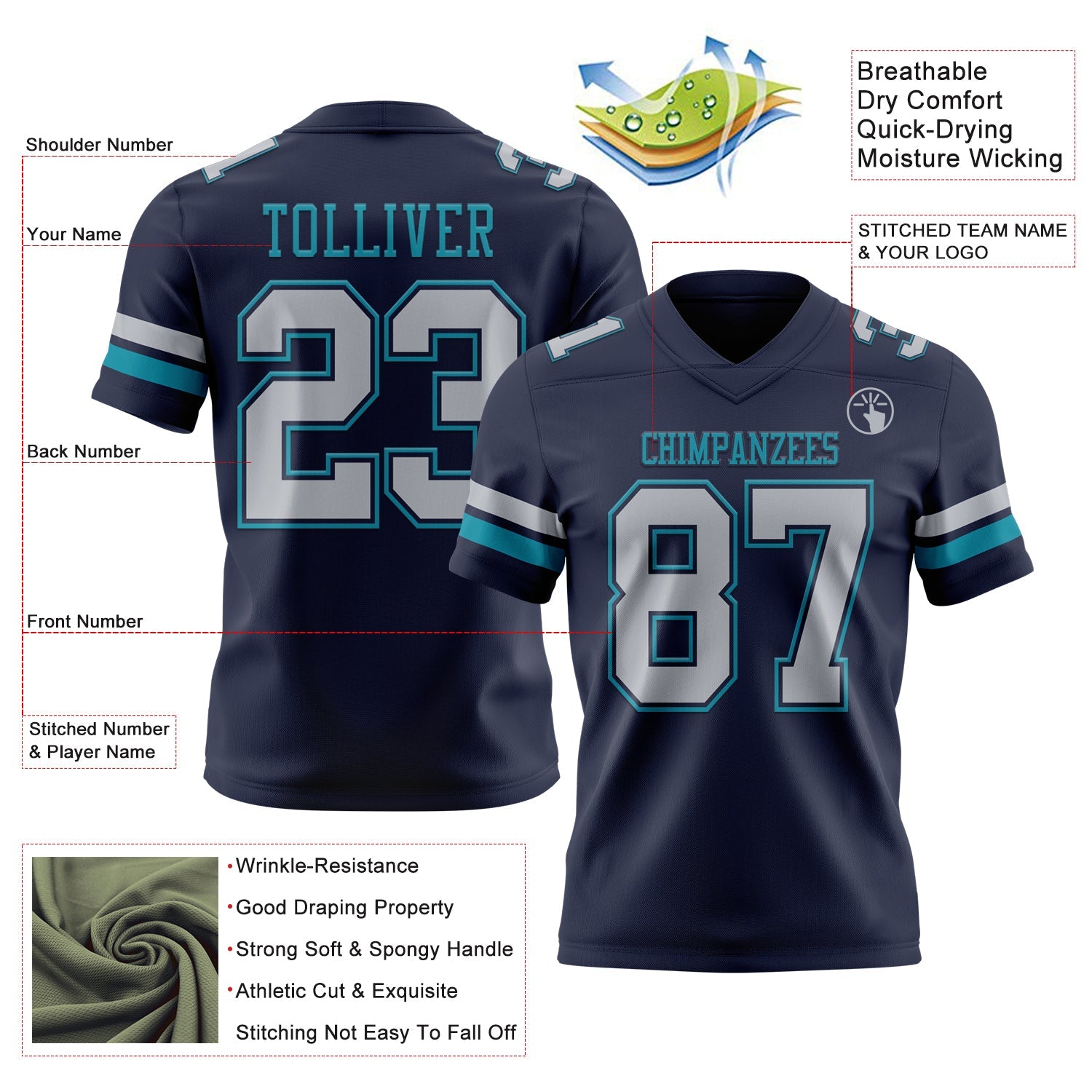 Custom Navy Gray-Teal Mesh Authentic Football Jersey