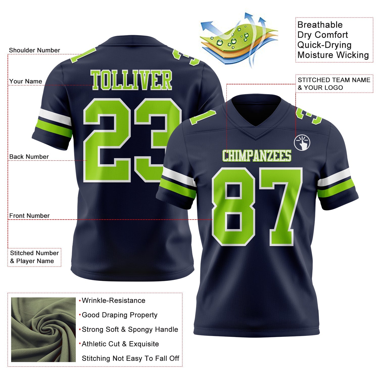 Custom Navy Neon Green-White Mesh Authentic Football Jersey