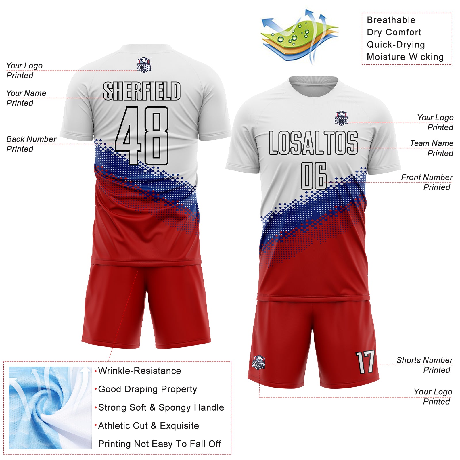 Custom White Royal Red-Black Gradient Geometric Shape Sublimation Soccer Uniform Jersey