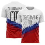 Custom White Royal Red-Black Gradient Geometric Shape Sublimation Soccer Uniform Jersey