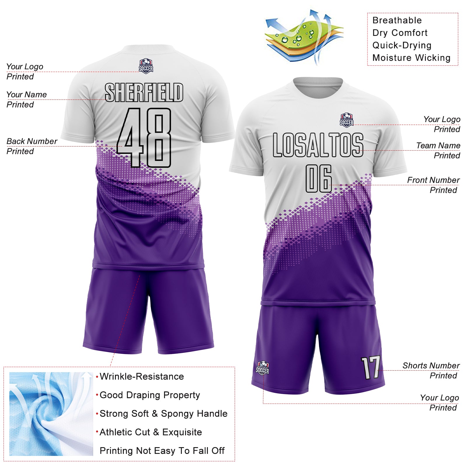 Custom White Medium Purple Purple-Black Gradient Geometric Shape Sublimation Soccer Uniform Jersey