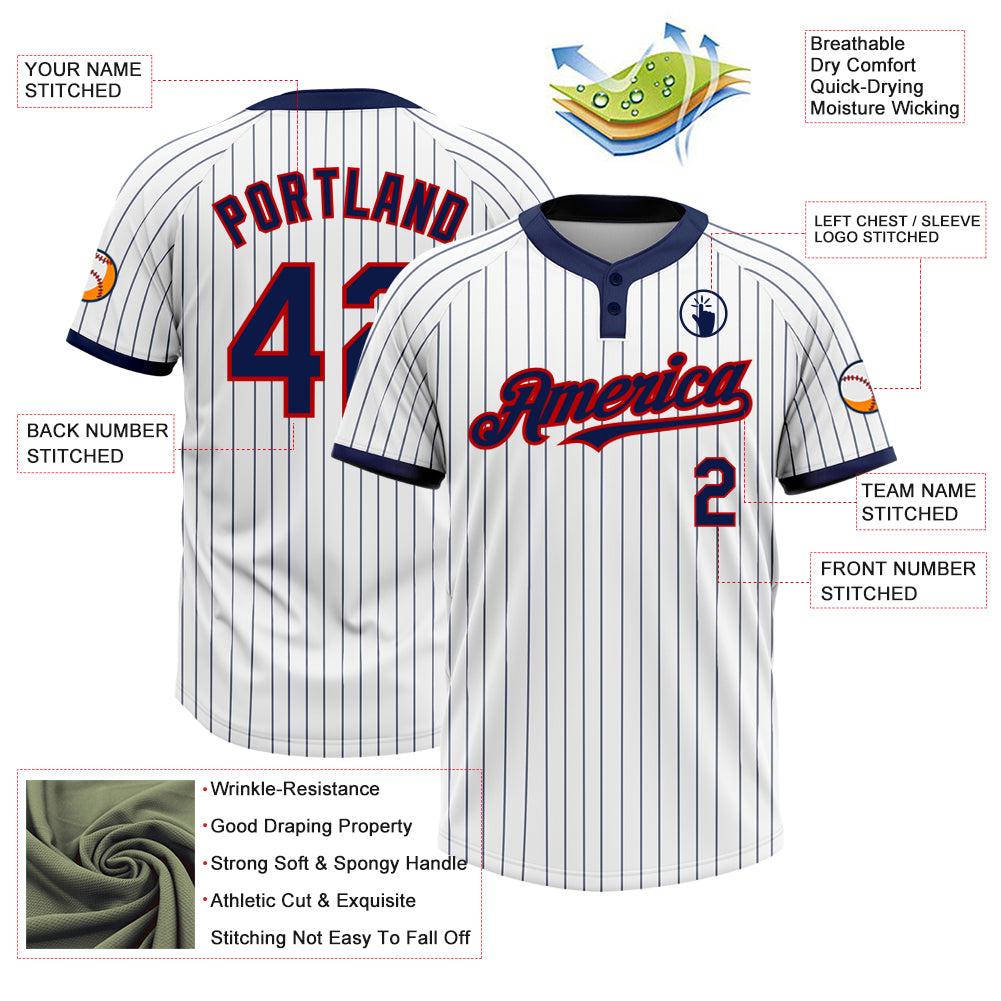 Custom White Navy Pinstripe Red Two-Button Unisex Softball Jersey