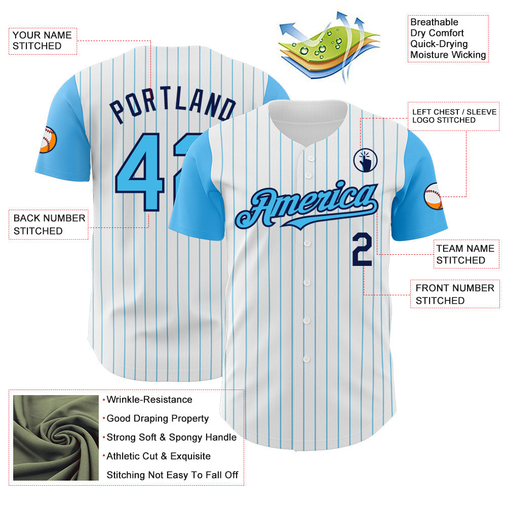 Custom White Sky Blue Pinstripe Navy Authentic Two Tone Baseball Jersey
