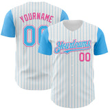 Custom White Sky Blue Pinstripe Pink Authentic Two Tone Baseball Jersey