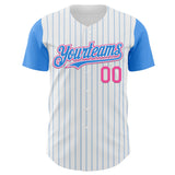 Custom White Electric Blue Pinstripe Pink Authentic Two Tone Baseball Jersey