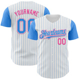 Custom White Electric Blue Pinstripe Pink Authentic Two Tone Baseball Jersey