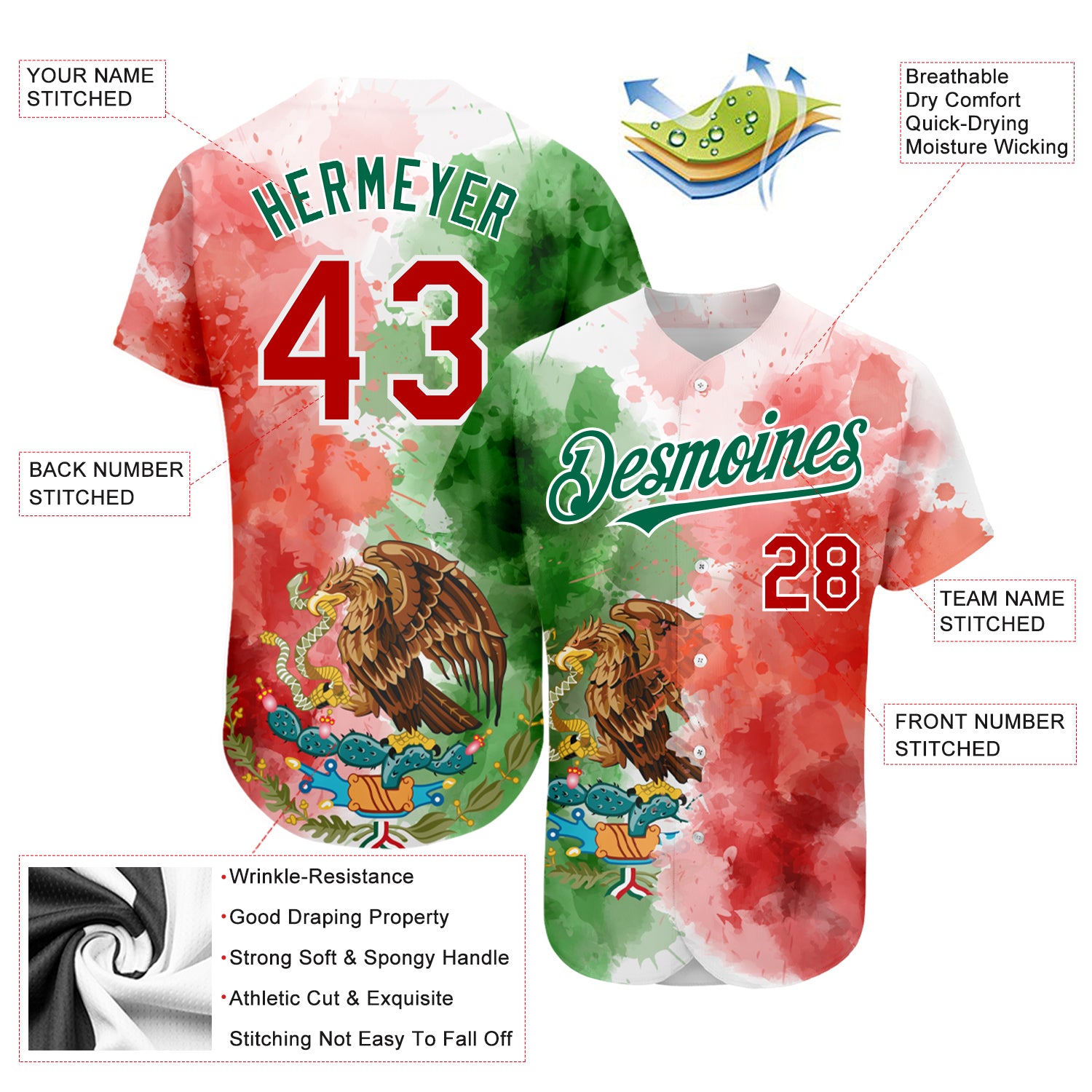 Custom Kelly Green Red-White 3D Mexican Flag Watercolored Splashes Grunge  Design Authentic Baseball Jersey Sale – UKSN INC