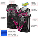 Custom Black Deep Pink-White 3D Pattern Design Torn Paper Style Authentic Basketball Jersey