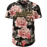Custom Black Old Gold 3D Pattern Design Northeast China Big Flower Authentic Baseball Jersey