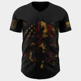 Custom Black Old Gold 3D American Flag Skull Patriotic Authentic Baseball Jersey