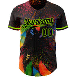 Custom Black Neon Green 3D Pattern Design Holi Festival Color Powder Authentic Baseball Jersey