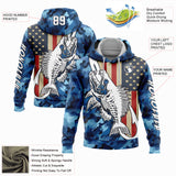 Custom Camo White-Black 3D American Flag And Fish Hook Skull Fishing Sports Pullover Sweatshirt Salute To Service Hoodie