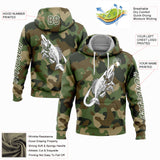 Custom Camo Olive-White 3D Fish Hook Skull Fishing Sports Pullover Sweatshirt Salute To Service Hoodie