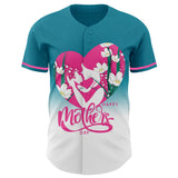 Custom Teal Pink-White 3D Pattern Design Gradient Mother's Day Family Love Authentic Baseball Jersey