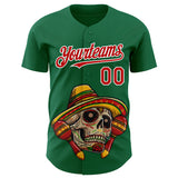 Custom Kelly Green Red-White 3D Mexican Festival Skull With Sombrero Cinco de Mayo Authentic Baseball Jersey