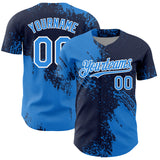 Custom Electric Blue Navy-White 3D Pattern Design Abstract Brush Stroke Authentic Baseball Jersey