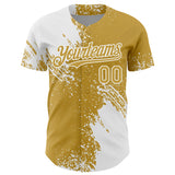 Custom White Old Gold 3D Pattern Design Abstract Brush Stroke Authentic Baseball Jersey
