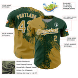 Custom Old Gold Green-White 3D Pattern Design Abstract Brush Stroke Authentic Baseball Jersey