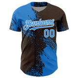 Custom Electric Blue Brown-White 3D Pattern Design Abstract Brush Stroke Authentic Baseball Jersey