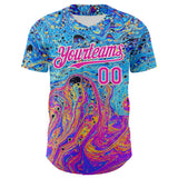 Custom Electric Blue Deep Pink-White 3D Pattern Design Rave Psychedelic Fluid Art Authentic Baseball Jersey