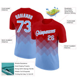 Custom Red Light Blue-White 3D Pattern Design Gradient Square Shapes Performance T-Shirt