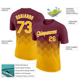 Custom Burgundy Gold-White 3D Pattern Design Gradient Square Shapes Performance T-Shirt