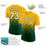 Custom Gold White-Green 3D Pattern Design Gradient Square Shapes Performance T-Shirt