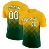 Custom Gold White-Green 3D Pattern Design Gradient Square Shapes Performance T-Shirt