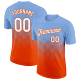 Custom Light Blue White-Orange 3D Pattern Design Gradient Square Shapes Performance T-Shirt