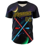 Custom Black Yellow 3D Pattern Design Outer Space Light Swords Authentic Baseball Jersey