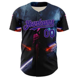 Custom Black Dark Purple-Medium Purple 3D Pattern Design Outer Space Light Swords Authentic Baseball Jersey