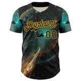 Custom Blue Black-Yellow 3D Pattern Design Outer Space Starships Authentic Baseball Jersey