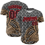 Custom White Black Old Gold-Fire Red 3D Polynesian Style Islander Authentic Baseball Jersey