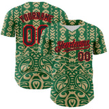 Custom Kelly Green Black Vegas Gold-Fire Red 3D Polynesian Style Islander Authentic Baseball Jersey