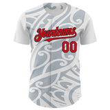 Custom White Fire Red Silver-Black 3D Polynesian Style Islander Authentic Baseball Jersey